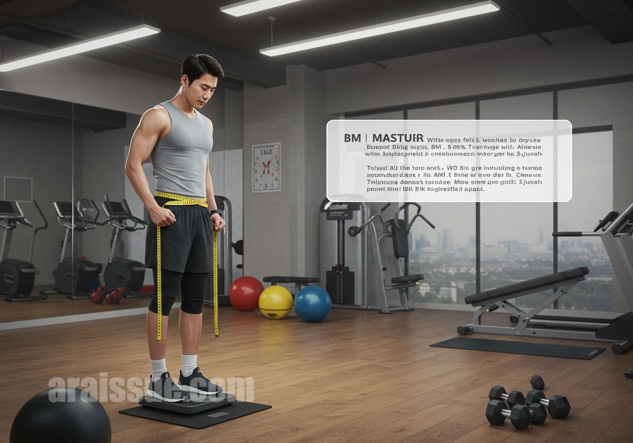 30대 한국 남성이 현대적인 체육관에서 BMI와 허리둘레를 측정하며 운동하는 모습입니다. 운동 장비와 깔끔한 실내 배경이 강조됩니다.
