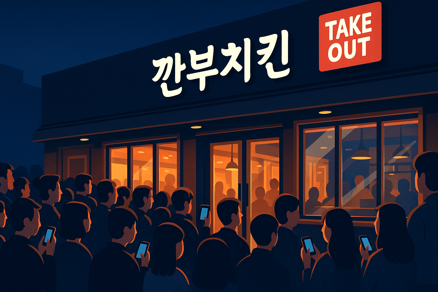 밤의 깐부치킨 앞, 간판 불빛 아래 휴대폰 드는 인파를 그린 세미플랫 일러스트