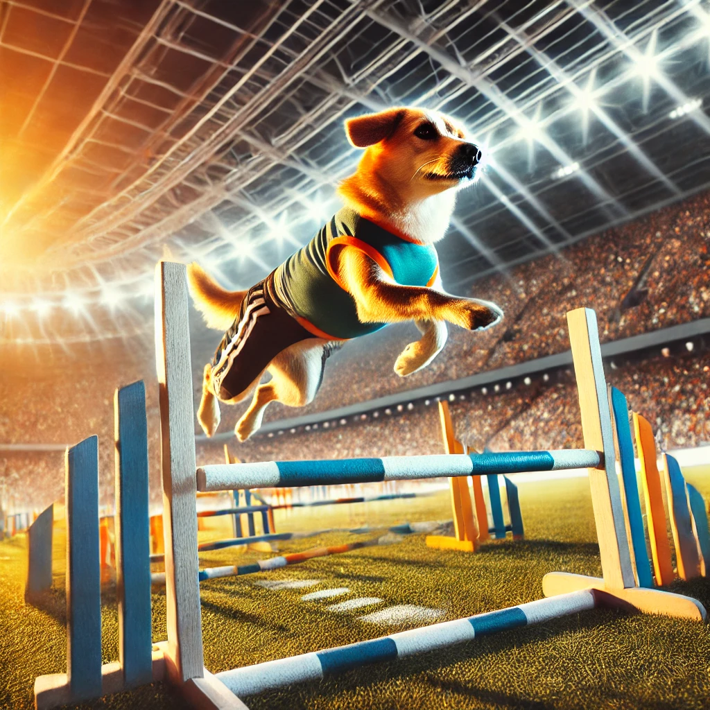 강아지가 만원관중의 경기장에서 여러 장애물들을 통과한 후 허들을 뛰어넘는 모습