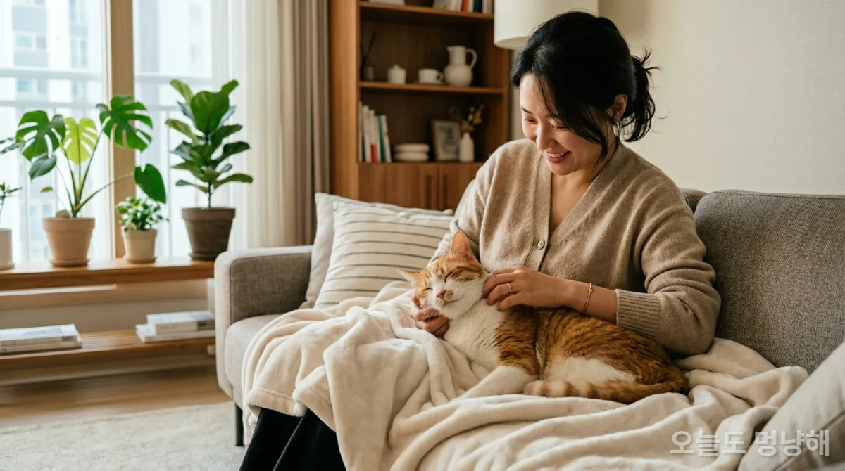 한국인 보호자가 고양이를 부드럽게 마사지하며 교감하는 모습