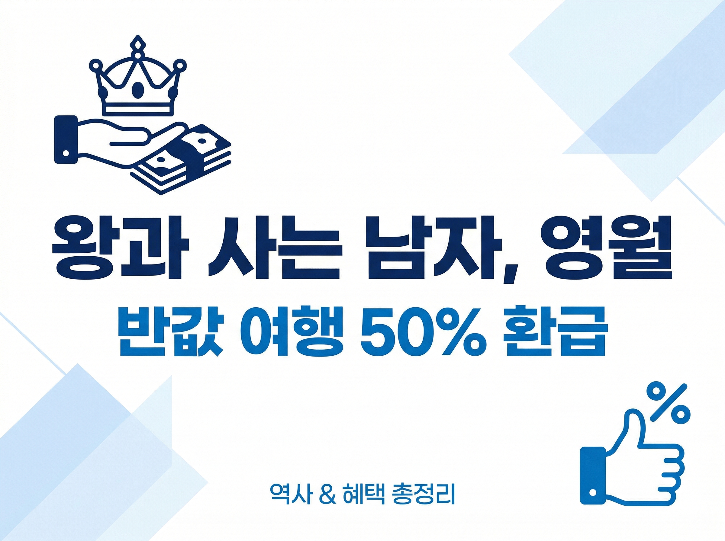 2026년 강원도 영월의 단종 유배지 역사 스토리와 반값 여행 50% 환급 혜택을 안내하는 블로그 썸네일 이미지입니다. 흰색 배경 중앙에 '왕과 사는 남자, 영월'이라는 남색 메인 타이틀과 '반값 여행 50% 환급'이라는 파란색 강조 문구가 적혀 있습니다. 왼쪽 상단에는 왕관이 올려진 지폐 뭉치를 든 손 아이콘이 배치되어 역사와 지원금을 상징하며, 오른쪽 하단에는 퍼센트 기호가 포함된 엄지척 아이콘이 들어간 깔끔한 디자인입니다.