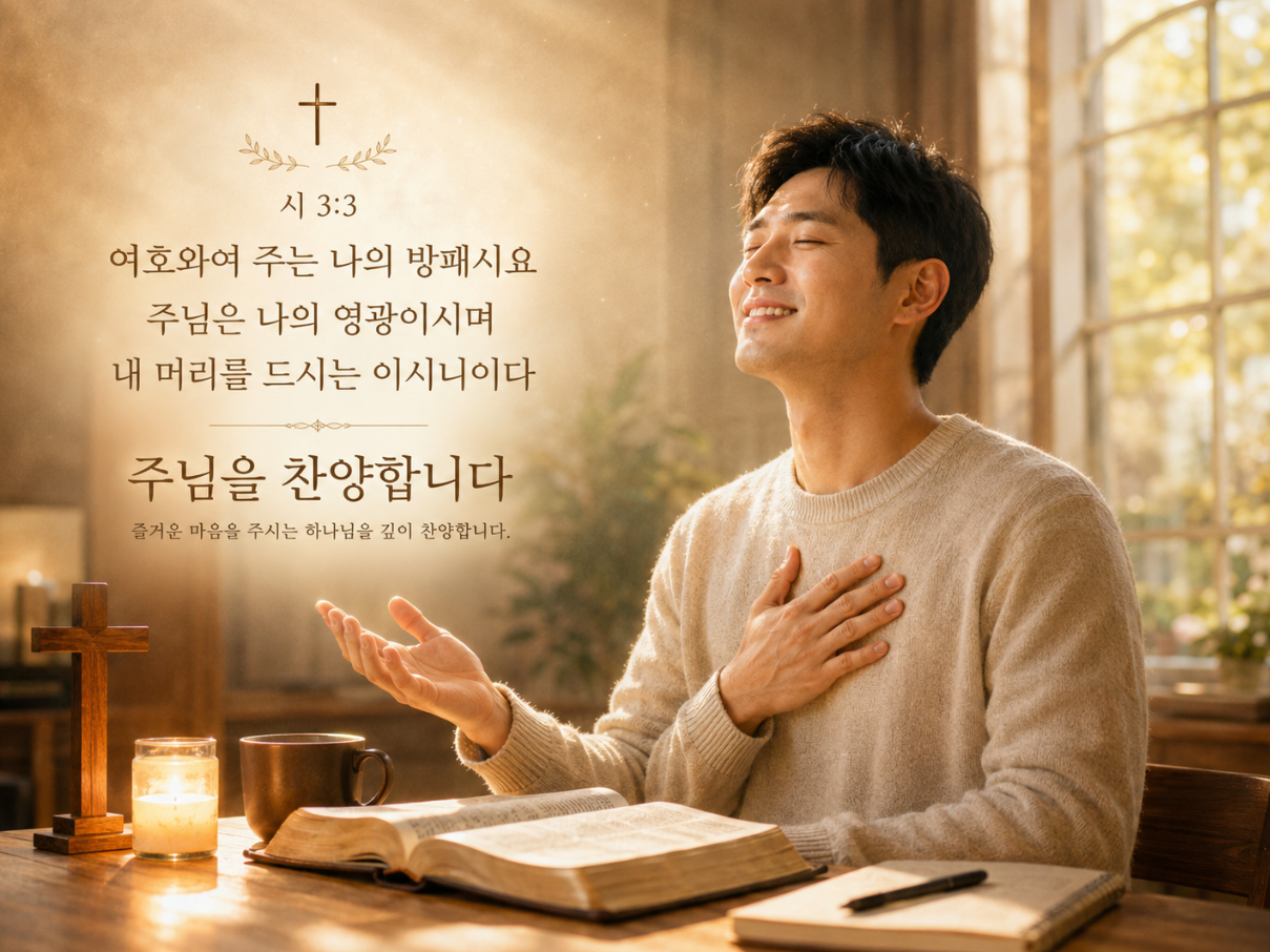 시3:3 말씀에서 나의 방패가 되어서 쉴딩쳐 주시는 주님을 찬양하며 내게 양약이 되는 즐거운 마음을 허락하시는 하나님을 깊이 찬양하는 시간을 갖는 모습입니다.