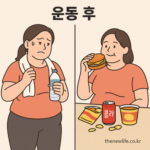 운동 후 물을 마시는 여성과 햄버거, 콜라, 과자를 먹는 여성의 대조적인 모습 – 뱃살 빼는 운동보다 음식이 더 중요하다는 메시지를 담은 이미지