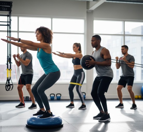 보수볼이나 밴드를 이용하여 균형을 잡는 기능성 운동을 하는 모습