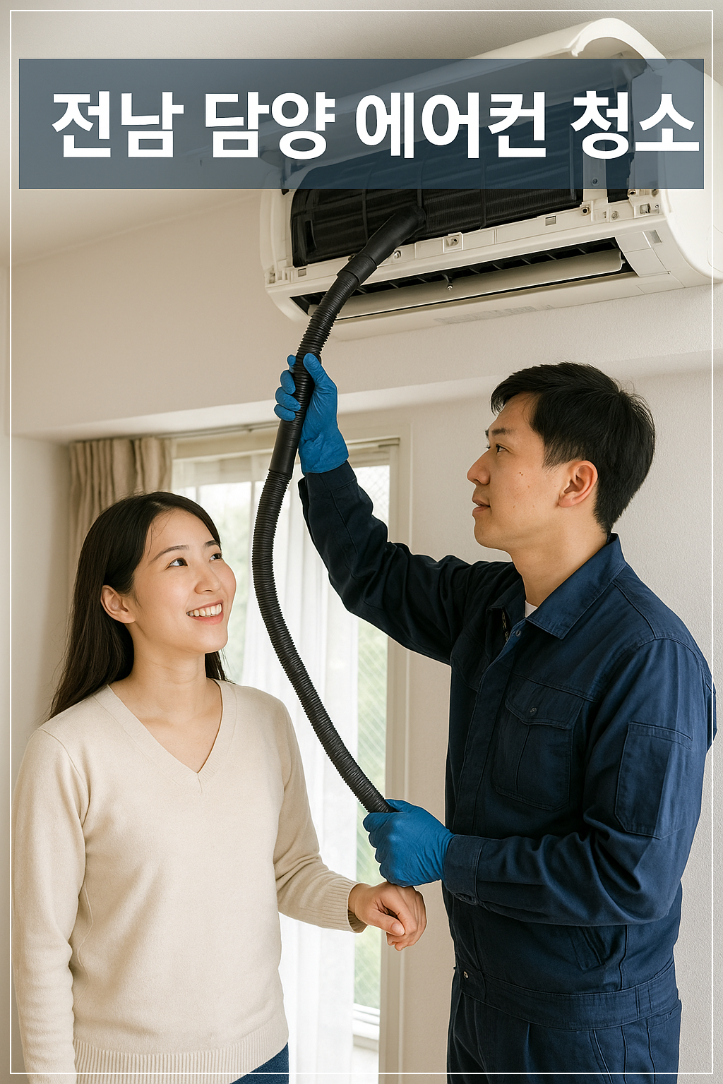 전남 담양 아파트에서 벽걸이형 에어컨을 청소 중인 전문가의 모습