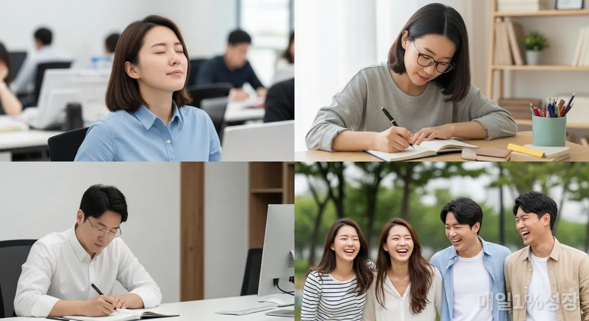 일상생활에서 감정 조절 기술을 실천하는 다양한 한국인들의 모습