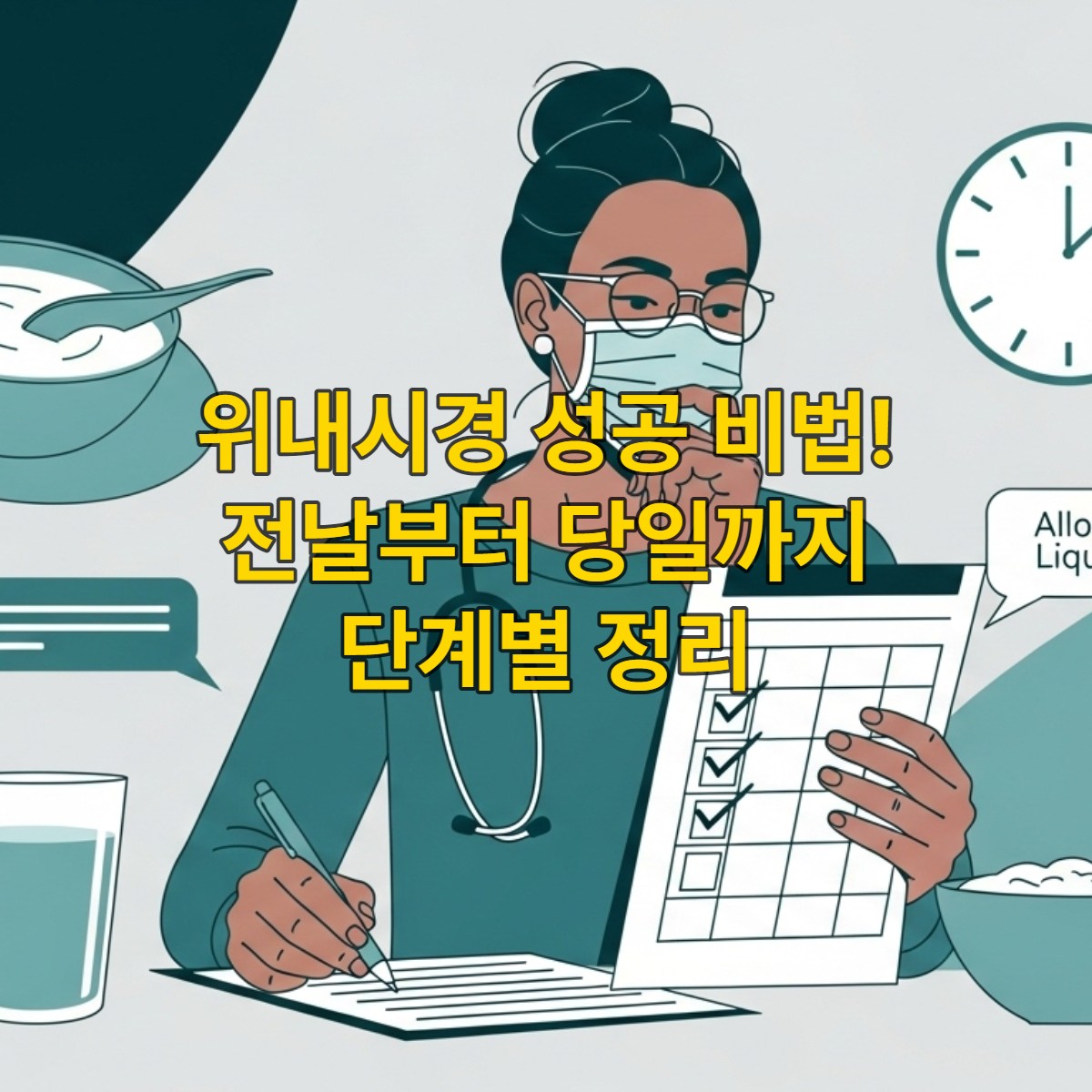 2025년 위내시경 검사를 위해 차분하게 준비하는 사람의 모습. 손에는 체크리스트가 있고, 옆에는 물과 간단한 식사가 놓여있어 정확한 검사 준비 과정을 암시합니다.