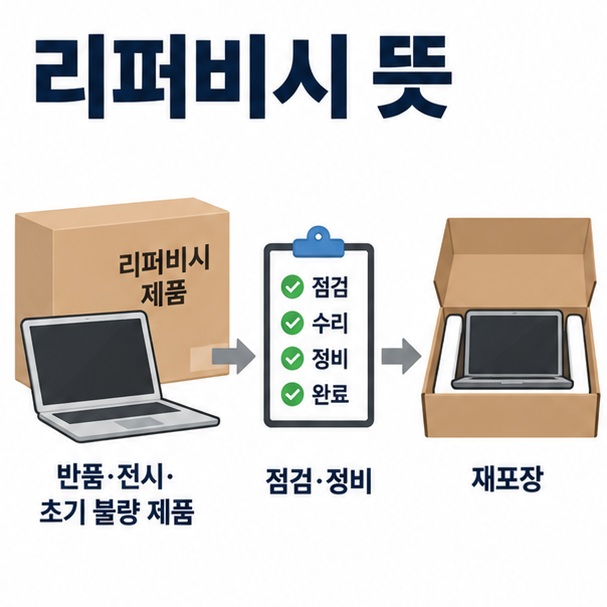 전자제품 박스와 점검 완료 표시를 배경으로 리퍼비시 뜻이라는 글자가 중앙에 놓인 소비자 정보 인포그래픽