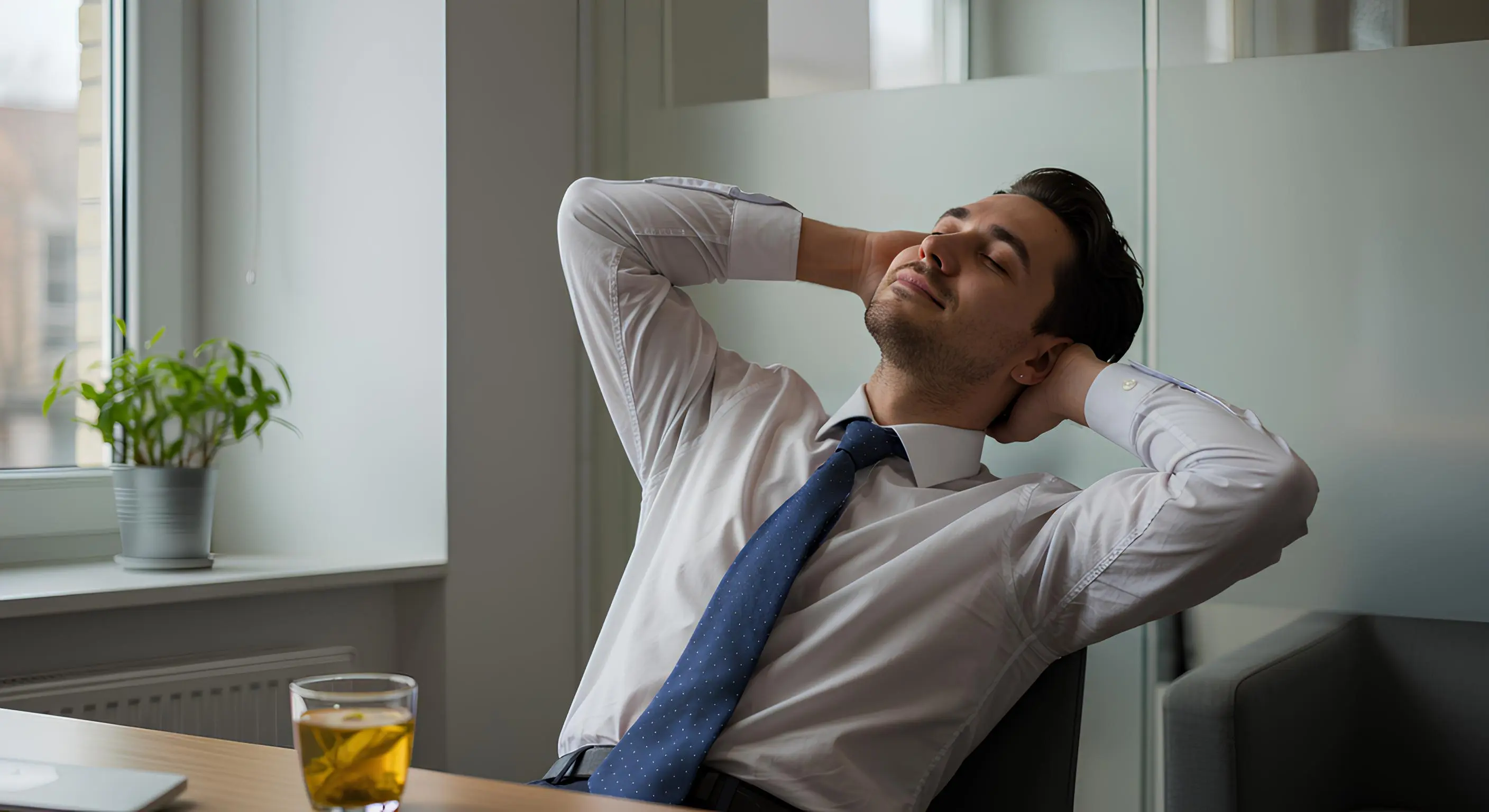 직장인이 사무실에서 목과 어깨를 스트레칭하며 따뜻한 차를 마시는 모습