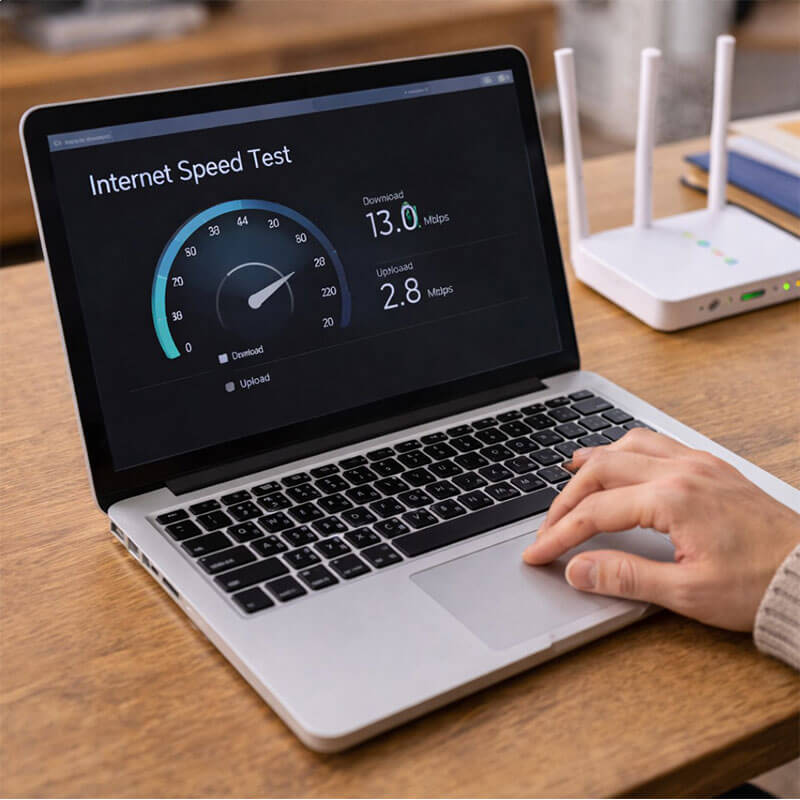 학원 책상 위에서 노트북과 와이파이 공유기를 두고 인터넷 속도 상태를 확인하는 일상적인 네트워크 점검 장면