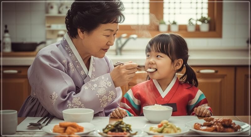 할머니가 손녀를 밥먹이는 모습