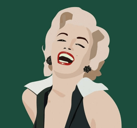 전체 바탕은 초록색이고 하얀 치아를 활짝 드러낸 영화배우 마릴린 먼로 그림이 있다. 치아는 가지런하고 입술을 빨갛고 커다란 검정 큐빅 귀걸이를 했다.