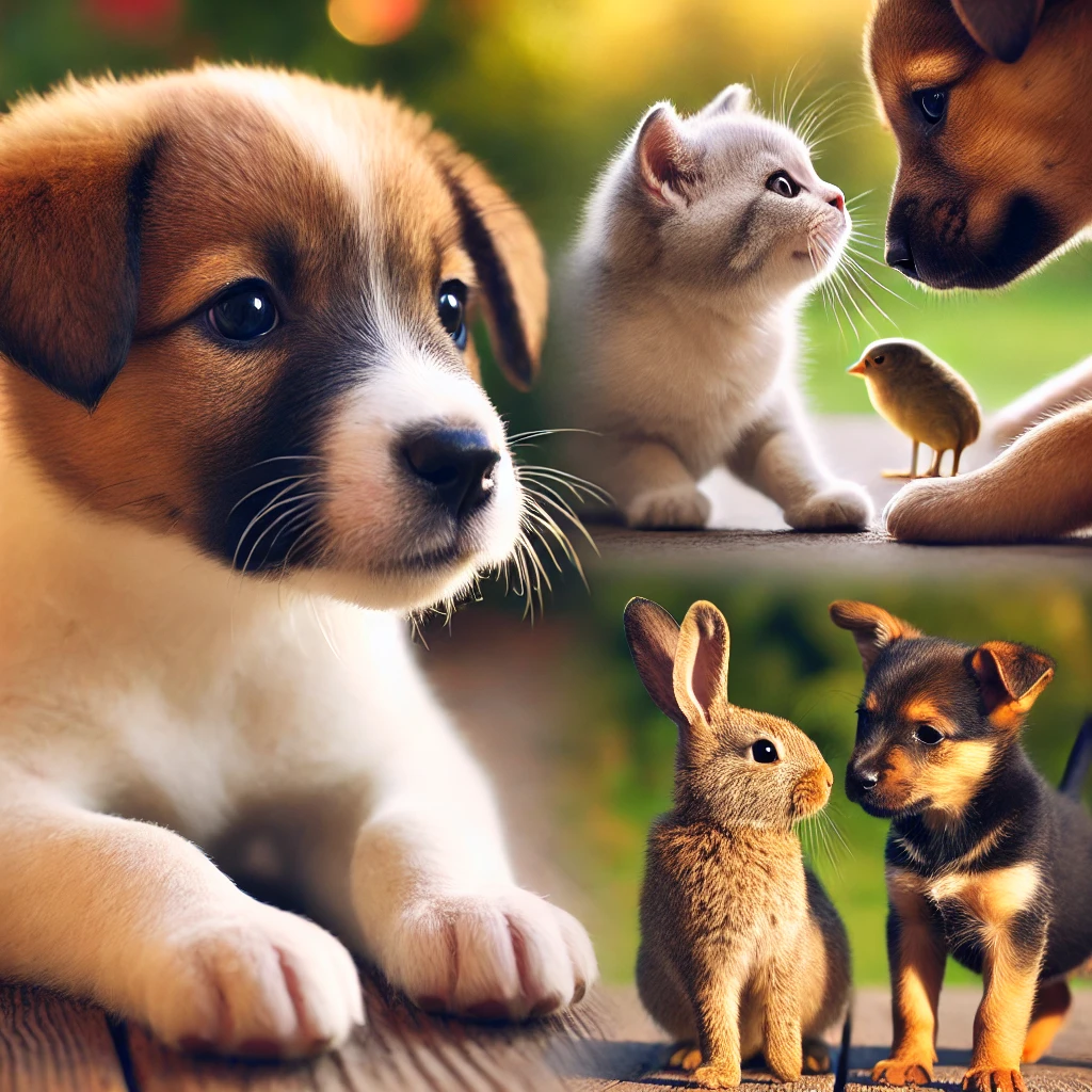 강아지가 다른 강아지, 고양이 등 다양한 동물과 어울리는 모습