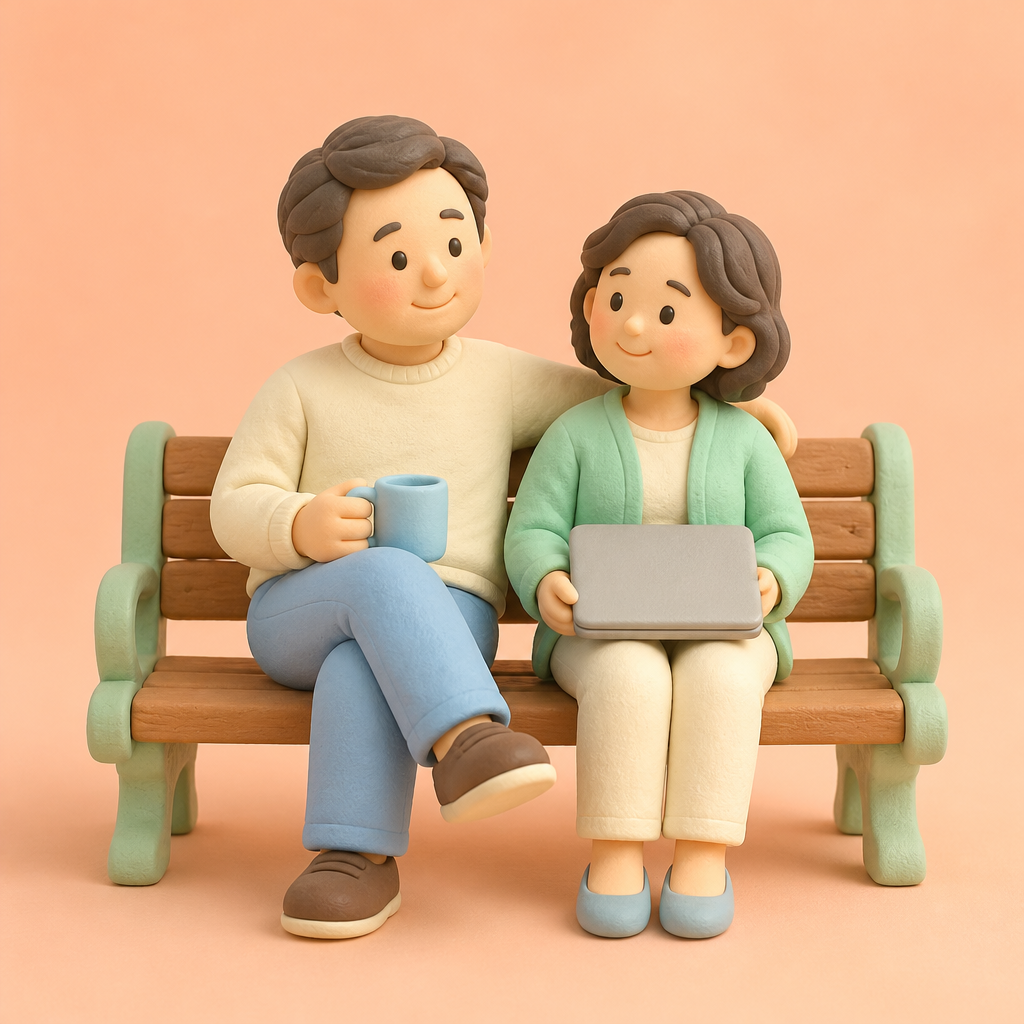 공원 벤치에 앉아 노트북을 덮고 쉬는 부부