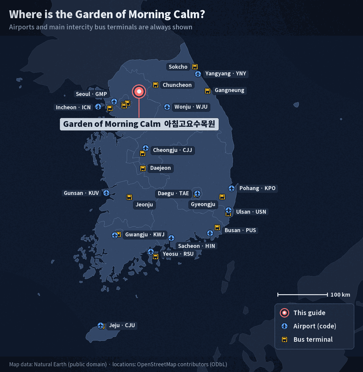 Map of South Korea with the Garden of Morning Calm marked in Gapyeong, northeast of Seoul, showing Korea's airports and main intercity bus terminals