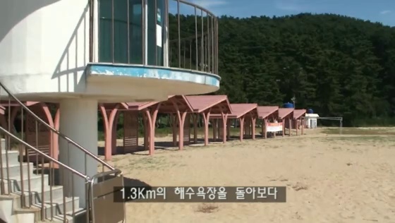 이일레해수욕장 주변의 모래사장과 그늘 구조물