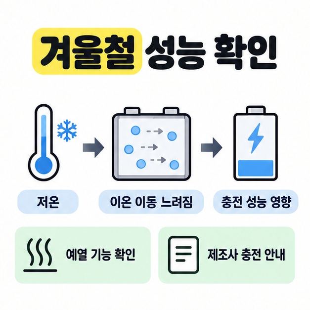 저온에서 이온 이동이 느려지고 충전 성능에 영향을 주는 흐름 아래 예열 기능 확인과 제조사 충전 안내를 배치한 겨울철 성능 점검 이미지