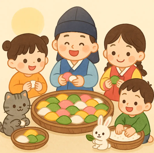 송편-빚기-어린이-4명-고양이-토끼