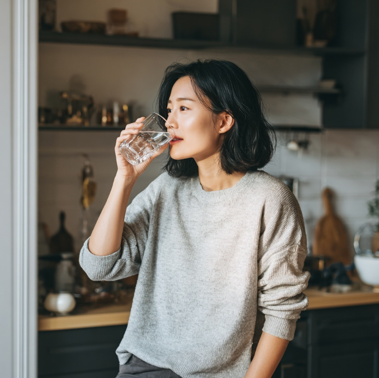 주방에서 맑은 물한컵을 마시는 여성