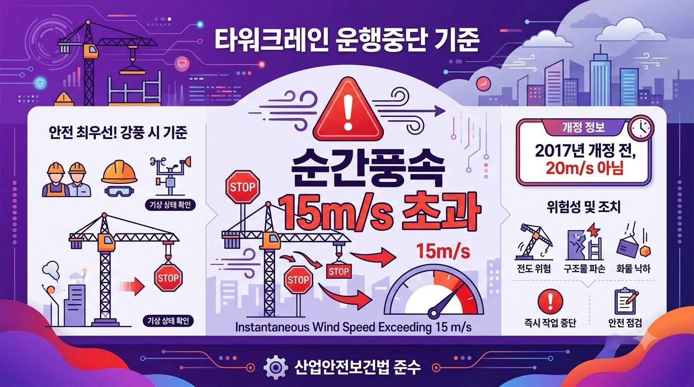 타워크레인 운전중지 기준(15m/s, 개정 전 20m/s 아님)을 보여주는 경고 인포그래픽