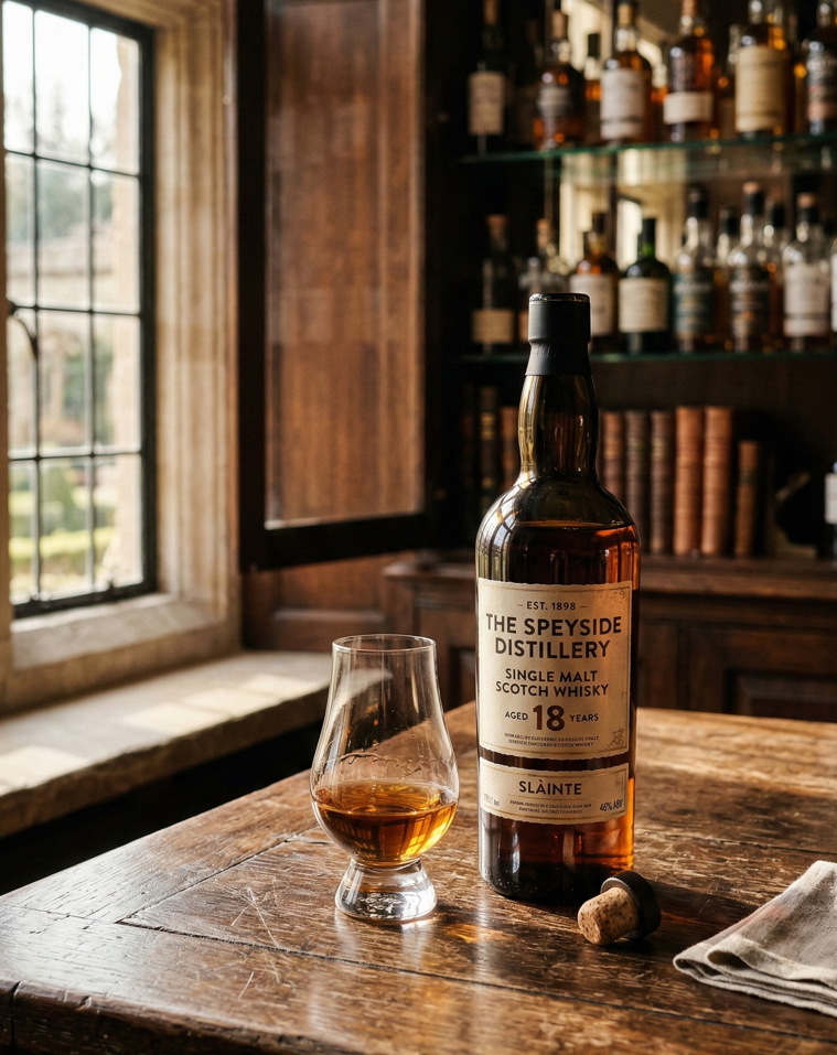 원목 탁자 위에 놓인 위스키 병과 잔, 따뜻한 햇살이 비치는 차분한 분위기의 사진