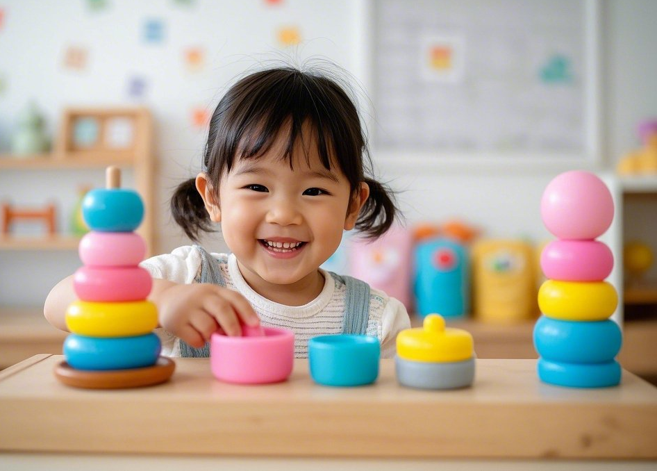 감각통합 놀이를 하고 있는 유아가 다양한 감각 자극 장나감과 함께 밝은 놀이방에서 즐겁게 놀고 있는 모습