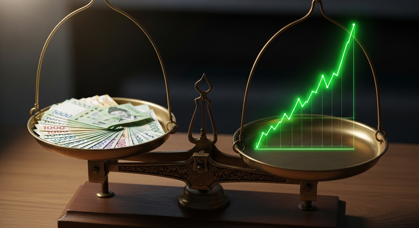 저울 위에 현금 다발과 성장 곡선 그래프가 놓여있는 모습