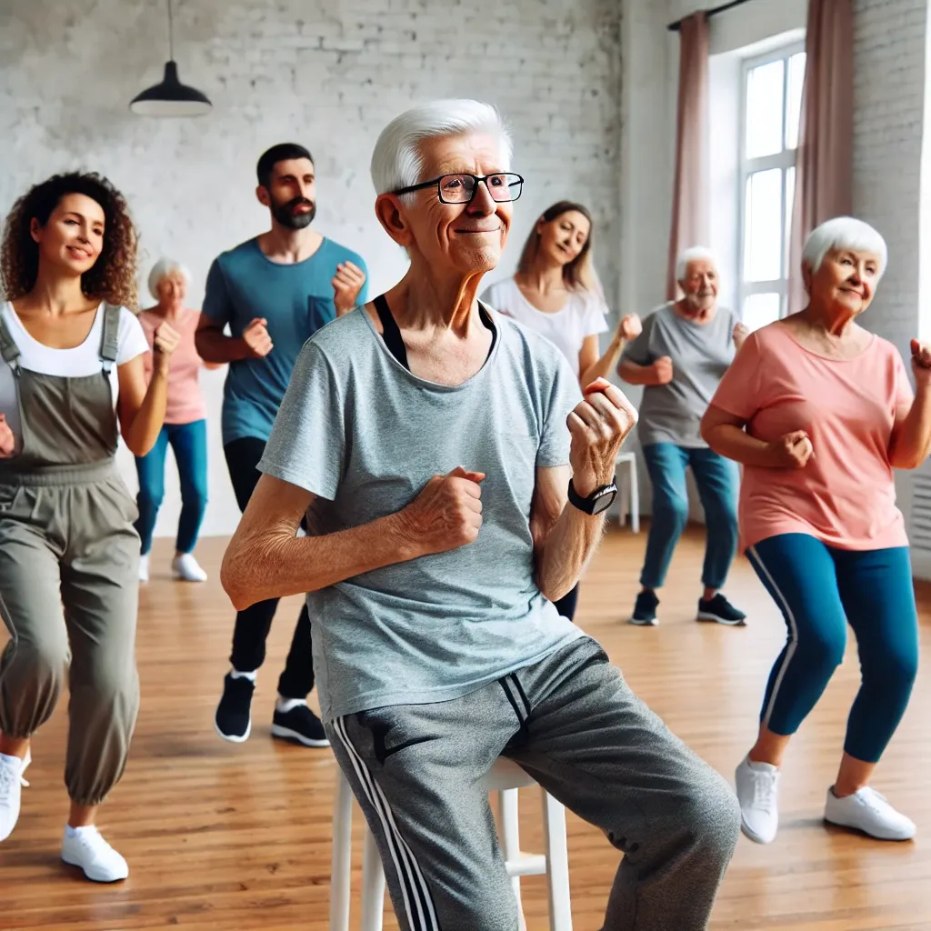치매 예방을 위해 음악에 맞춰 움직이며 신체적 및 정신적 자극을 제공하는 커뮤니티 댄스 수업에 참여하는 노인들&amp;#44; 에너지 넘치는 분위기에서 강사의 지도로 춤을 즐기는 장면