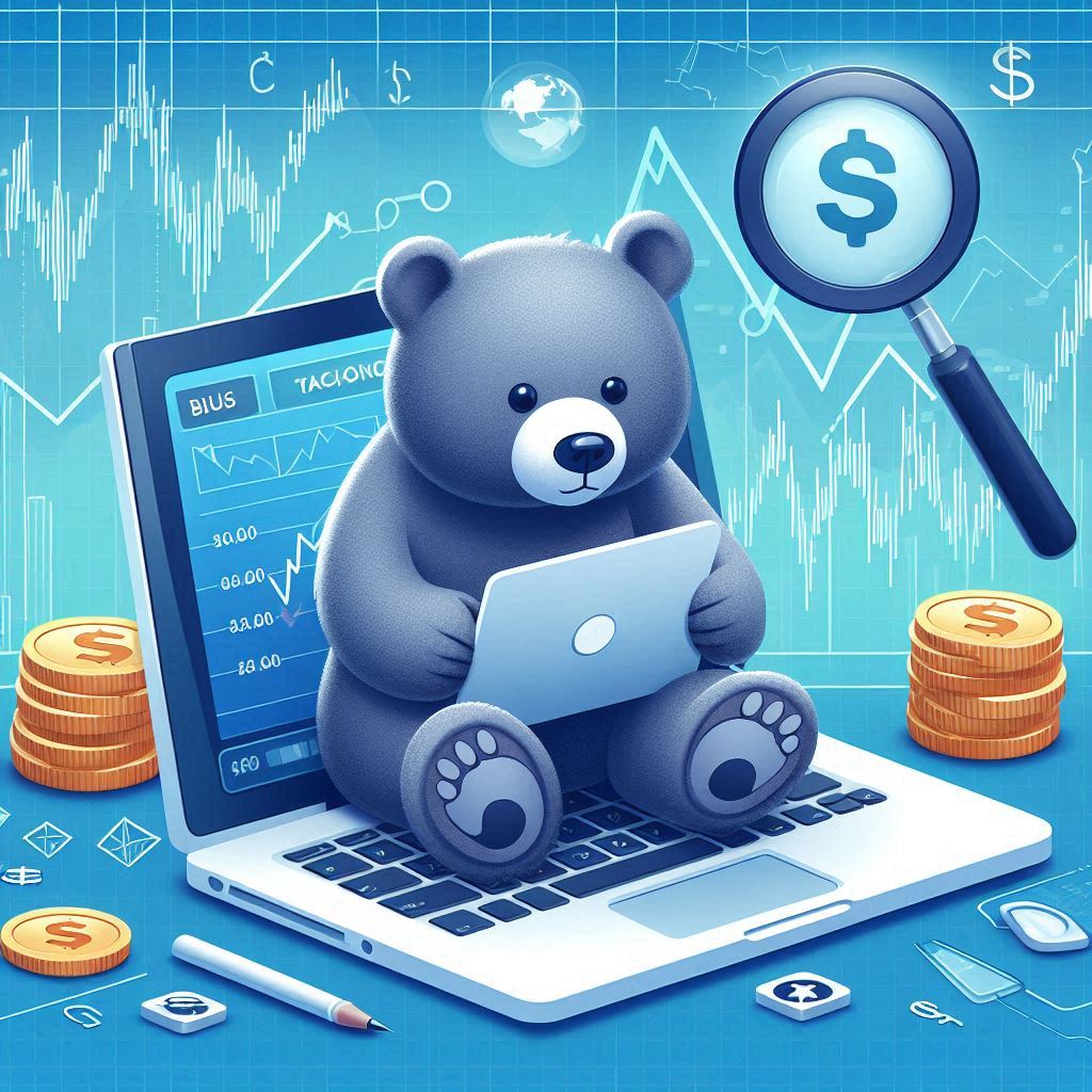 주식차트 들이 보이고 곰이 모니터를 보면서 고심하고 있는 모습의 이미지