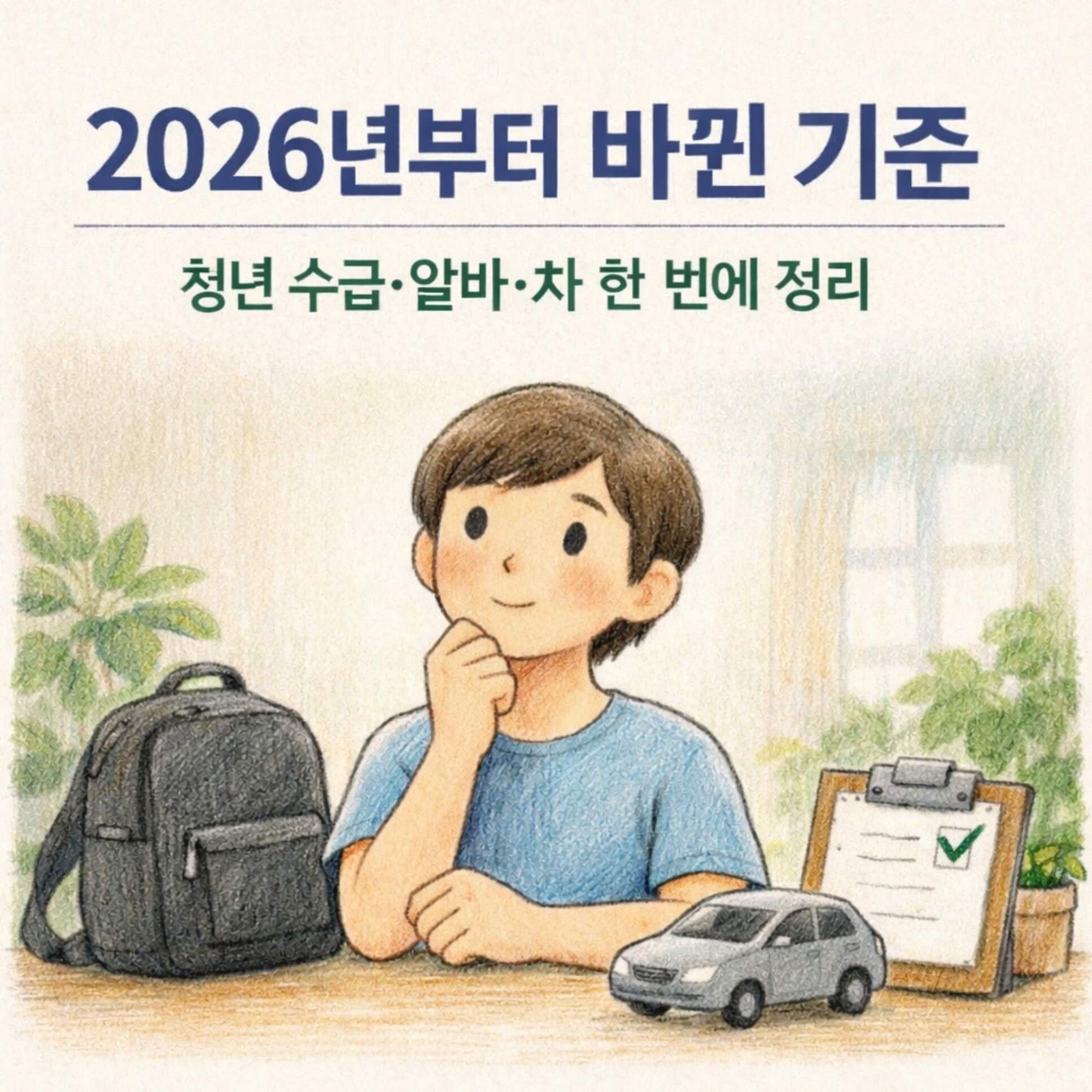 청년이 가방, 자동차, 체크리스트를 앞에 두고 2026년 기준 변화에 대해 고민하는 장면