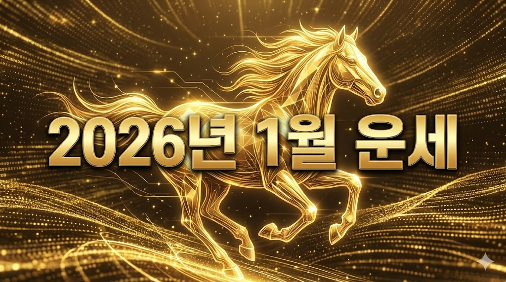 2026년 1월 운세 한글 글자가 적힌 황금색 말 배경 이미지