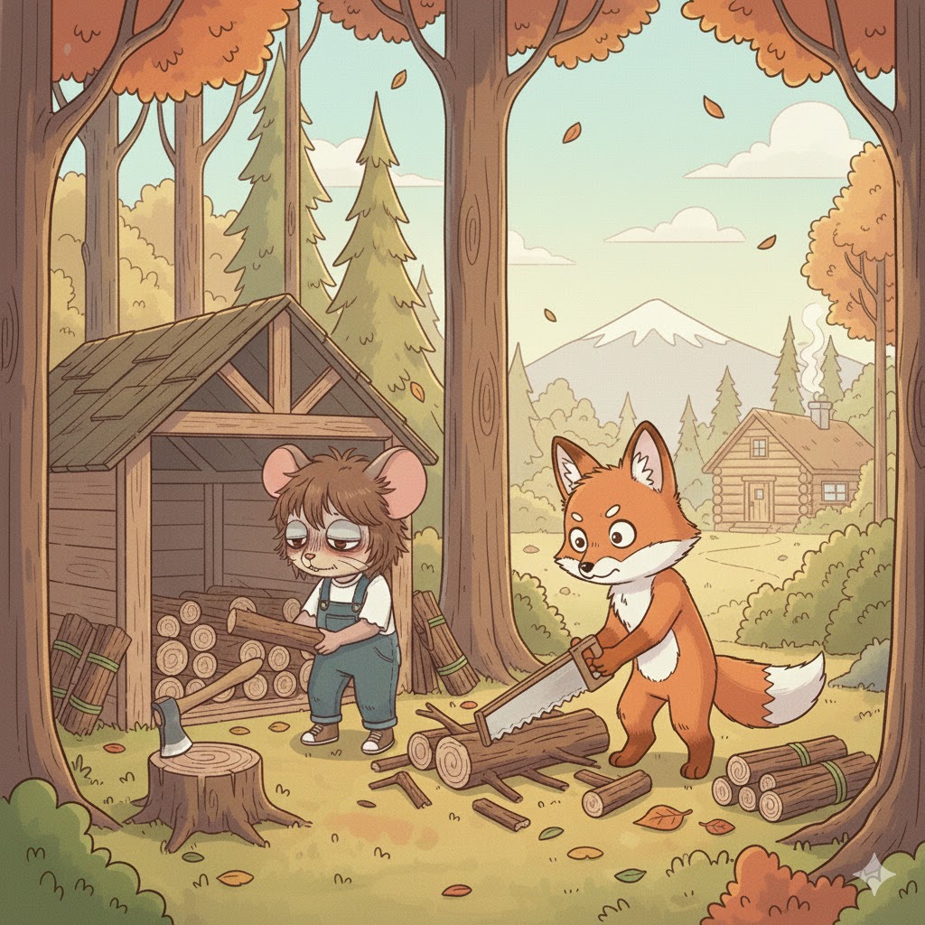 나무를 베어 두어서 마른 뒤에 쓰려고 하는 , 장작을 패는 두 친구를 동물을 의인화 하여 그린 그림.