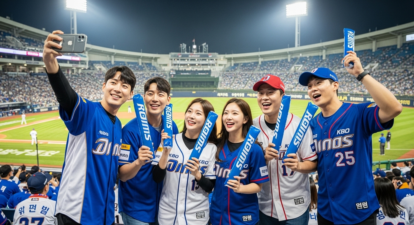 젊은 세대 팬들이 야구장에서 유니폼을 입고 즐겁게 응원하며 소통하는 모습.