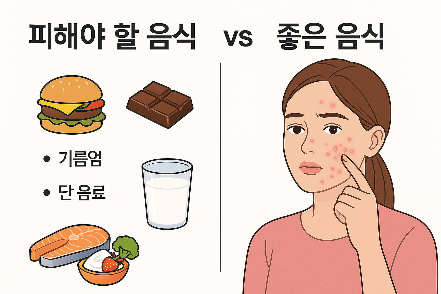 여드름에 영향을 주는 음식과 좋은 음식을 비교한 인포그래픽(출처:자체제작)