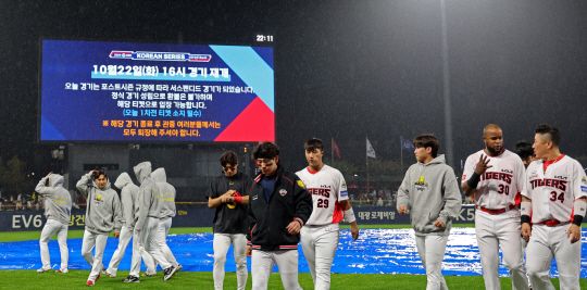 한국시리즈 1차전이 열린 21일 오후 광주 북구 광주KIA챔피언스필드에서 서스팬디드 게임이 선언되자, KIA 선수들이 퇴장하고 있다