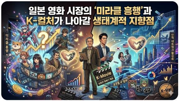 일본 애니메이션의 역동적인 캐릭터와 필름 릴이 돋보이는 좌측 이미지와, 글로벌 네트워크 및 IP 협력을 상징하는 우측 이미지가 대조를 이룹니다. 일본의 콘텐츠 흥행 저력과 한국 영화계가 나아갈 생태계적 방향성을 감각적인 일러스트로 표현한 썸네일입니다.