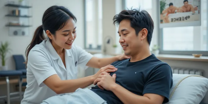 팔꿈치 초음파 치료받는 장면