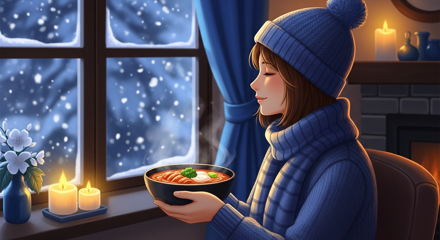 첫눈 오는 날 창밖을 보며 따뜻한 음식을 즐기는 포근한 실내 풍경. 김이 모락모락 나는 그릇이 시선을 끈다.