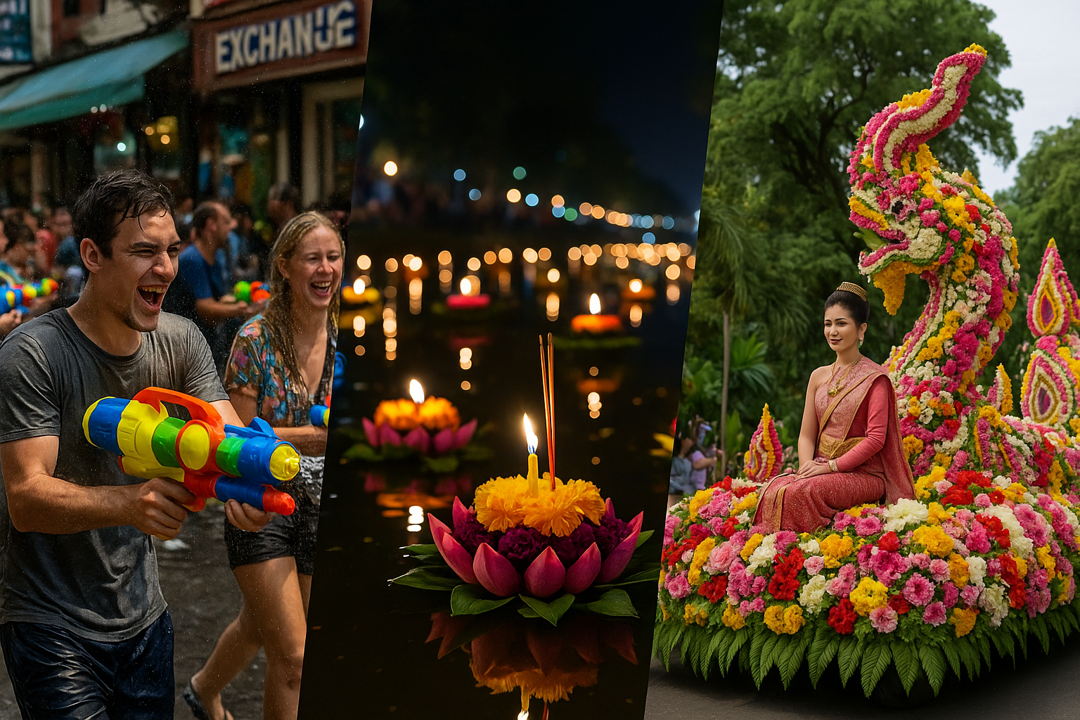 방콕의 송끄란 물싸움, 짜오프라야강을 수놓은 로이크라통 등불, 치앙마이 꽃축제 퍼레이드가 한 장에 어우러진 모습
