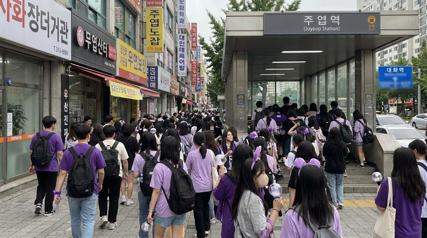 지하철 3호선 대화역의 극심한 혼잡을 피해 주엽역으로 이동하는 아미들의 모습