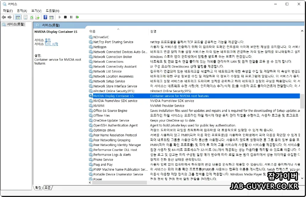 NVIDIA Display Container LS 서비스 선택 화면