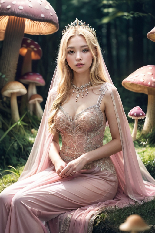 SD - sit on floor, realistic beautiful princess in mushroom land