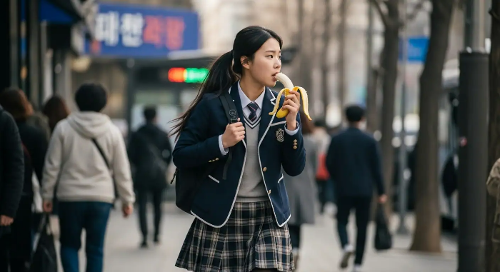 등굣길에 학생이 바나나를 들고 먹으면서 걷고 있는 모습