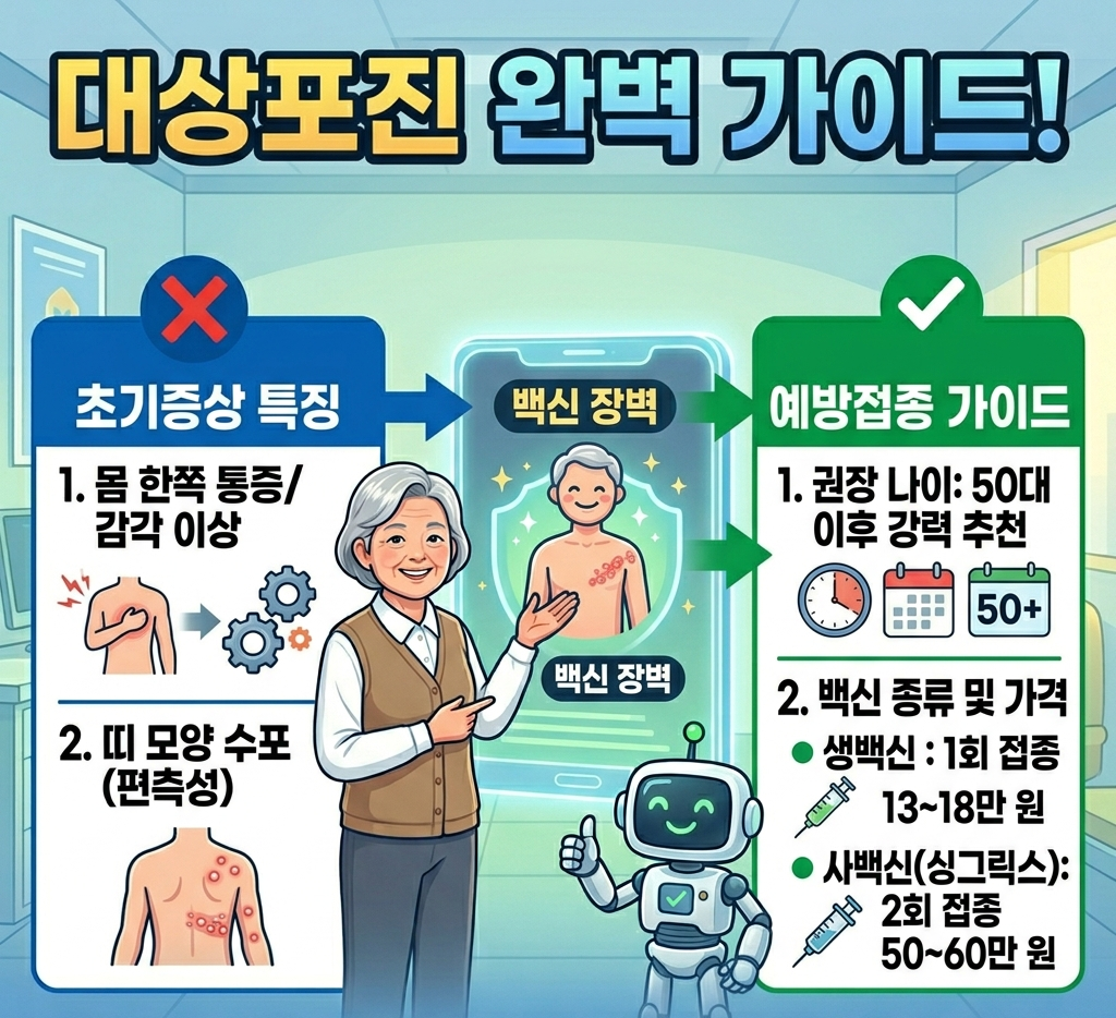 대상포진 초기 증상 2가지(편측성 통증, 띠 모양 수포)와 나이별 예방접종 가이드(생백신/사백신 가격, 50세 이후 시기)를 요약한 전문 인포그래픽 썸네일