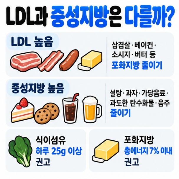 LDL이 높을 때 포화지방을 줄이고 중성지방이 높을 때 당류 탄수화물 음주를 조절하는 차이를 정리한 이미지
