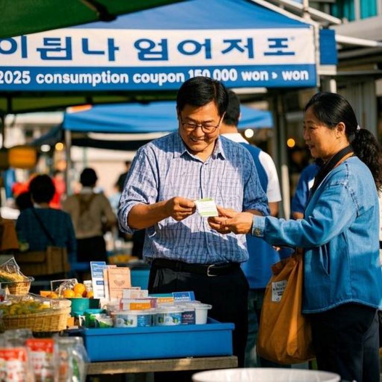 활기찬 지역 시장에서 소비자들이 소비쿠폰으로 결제하는 장면. 배경에 ‘2025 소비쿠폰 15만 원~52만 원’ 텍스트와 기획재정부 로고 흐릿하게 표시. 밝은 파란색과 주황색 톤으로 경제 활력과 희망 강조