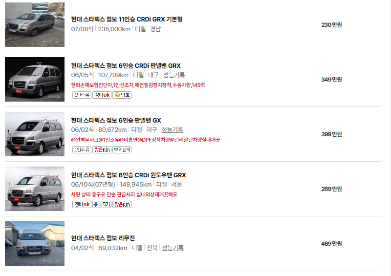 현대 스타렉스 중고차 가격 시세표 유지비