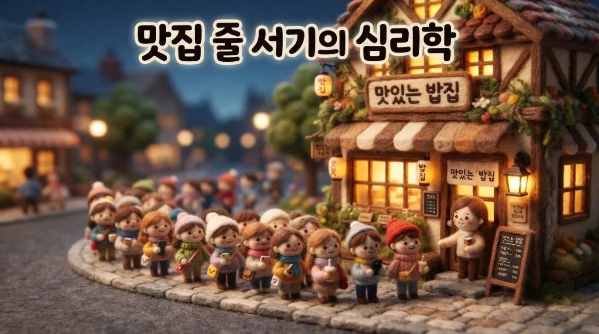 맛집 줄 서기의 소비 심리학을 설명하는 니들 펠트 스타일 일러스트