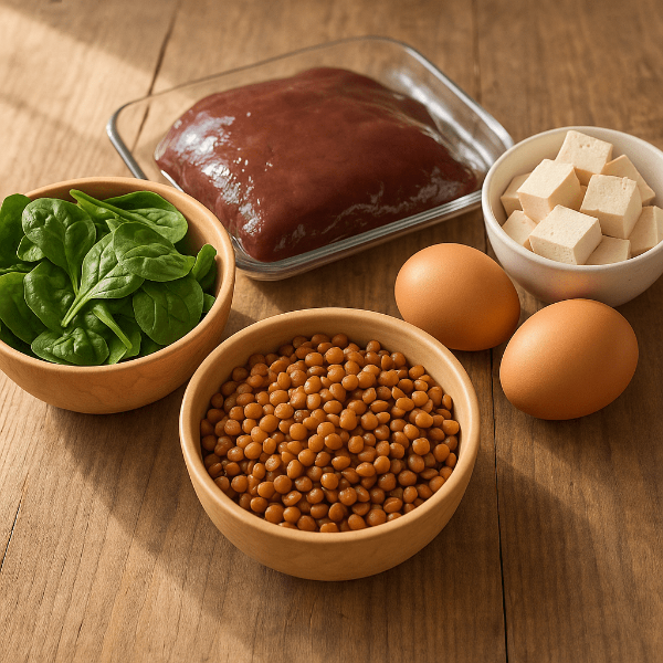 철분이 풍부한 소고기, 시금치, 달걀, 렌틸콩, 두부 등이 나무 식탁 위에 정갈하게 놓인 모습