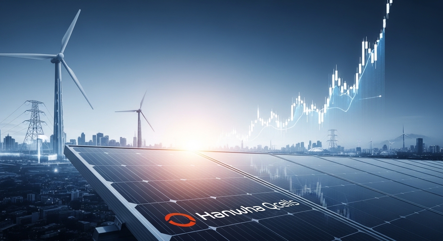 한화솔루션의 미래를 상징하는 태양광 패널과 상승하는 주가 그래프가 보이는 미래 도시 풍경